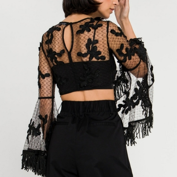 Anthropologie Endless Rose Black Lace Floral Embroidered Fringe Sleeves Crop Top - Picture 3 of 15